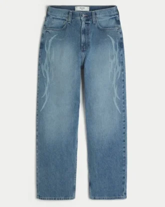 Medium Wash Flame Graphic Baggy Jeans Medium Wash Flame Graphic Baggy Jeans