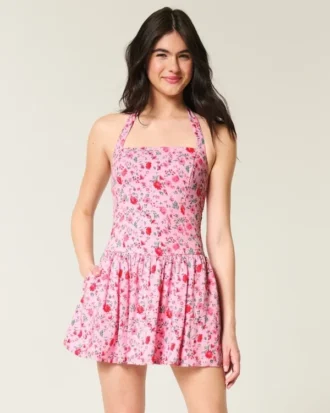 Mini-jurk met halternek en verlaagde taille