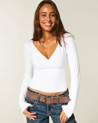 Naadloze wikkelblouse met lange mouwen