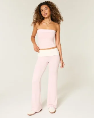 Omgeslagen taille gebreide flare broek