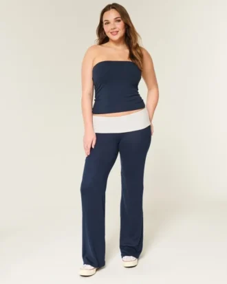 Omgeslagen taille gebreide flare broek Omgeslagen taille gebreide flare broek