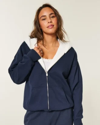 Omkeerbare fleece hoodie met rits en voering van imitatiebont