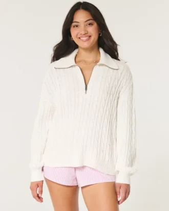 Oversized kabeltrui met halve rits