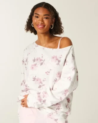 Oversized off-shoulder sweatshirt met bloemenpatroon en strik