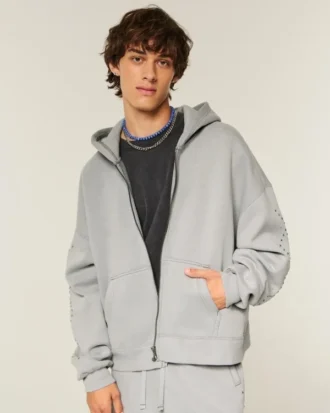 Rechthoekige pasvorm Hoodie met rits en studs