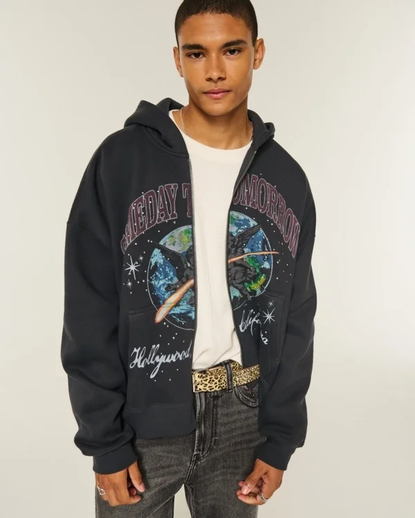Rechthoekige pasvorm Someday Tomorrow grafische hoodie met rits Rechthoekige pasvorm Someday Tomorrow grafische hoodie met rits