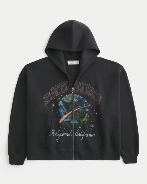 Rechthoekige pasvorm Someday Tomorrow grafische hoodie met rits Rechthoekige pasvorm Someday Tomorrow grafische hoodie met rits