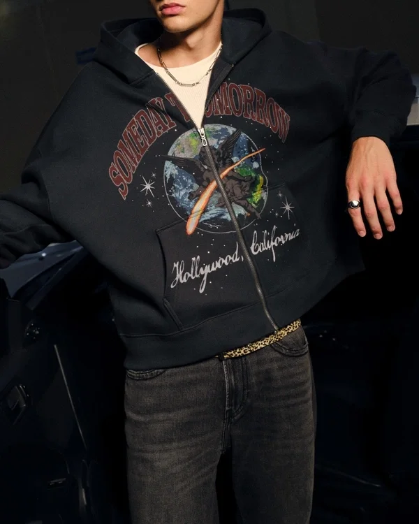 Rechthoekige pasvorm Someday Tomorrow grafische hoodie met rits Rechthoekige pasvorm Someday Tomorrow grafische hoodie met rits
