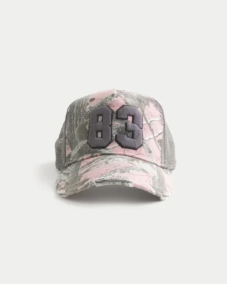 Roze camouflage truckerpet met nummerprint