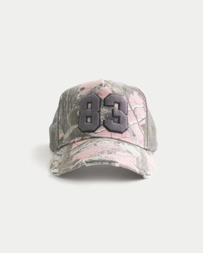 Roze camouflage truckerpet met nummerprint