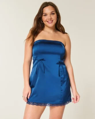 Satijnen strapless bodycon jurk met strik