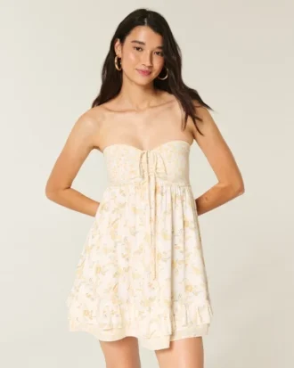 Strapless babydoll-mini-jurkje met ruches