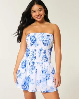 Strapless mini-jurk met gesmokt lijfje