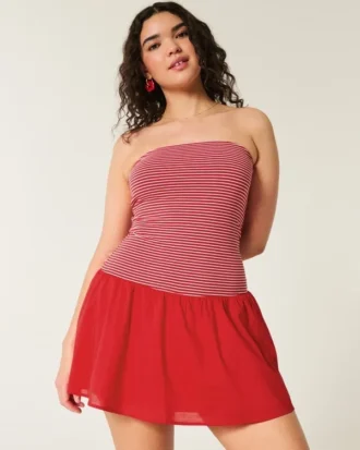 Strapless mini-jurk met verlaagde taille en gebreide stof