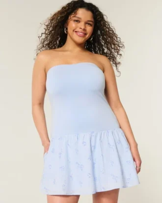 Strapless mini-jurk met verlaagde taille en gebreide stof