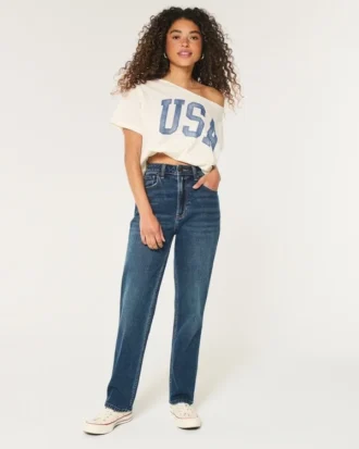 Ultra hoge taille, donkere wassing, rechte jeans uit de jaren 90