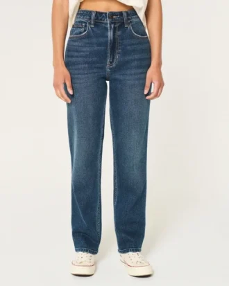 Ultra hoge taille, donkere wassing, rechte jeans uit de jaren 90