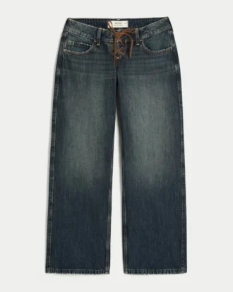 Ultra laag getailleerde donkerblauwe baggy jeans met vetersluiting