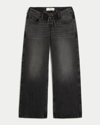 Ultra laag getailleerde gewassen zwarte baggy jeans met vetersluiting