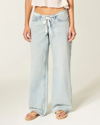 Ultra laag model, licht gewassen, mini-tailleband, baggy jeans met vetersluiting