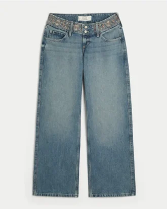 Ultra laag model, medium wassing, geborduurde taille, baggy jeans