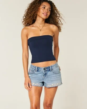 Ultra laag uitgesneden mini-short van geborduurd denim