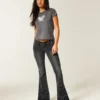 Ultra laag uitgesneden zwarte flare jeans met geborduurde bloemenprint Ultra laag uitgesneden zwarte flare jeans met geborduurde bloemenprint