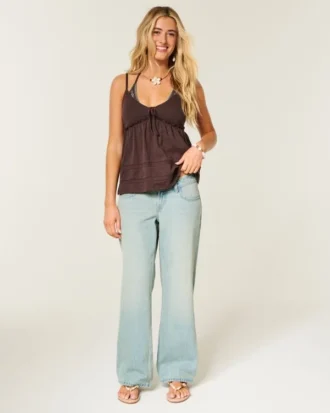 Ultra lage taille, licht gewassen baggy jeans met gesp aan de achterkant