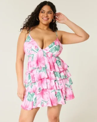 V-hals babydoll-mini-jurk met ruches