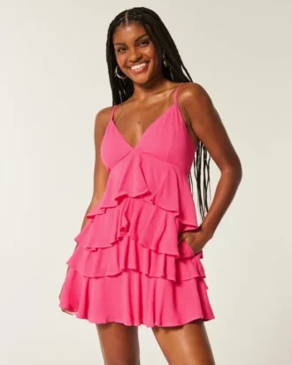 V-hals babydoll-mini-jurk met ruches