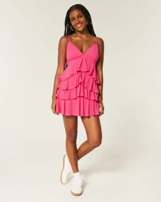 V-hals babydoll-mini-jurk met ruches