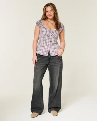 Verstelbare taille, laag getailleerde, gewassen zwarte baggy jeans