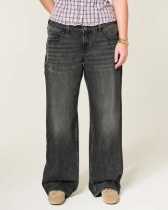 Verstelbare taille, laag getailleerde, gewassen zwarte baggy jeans